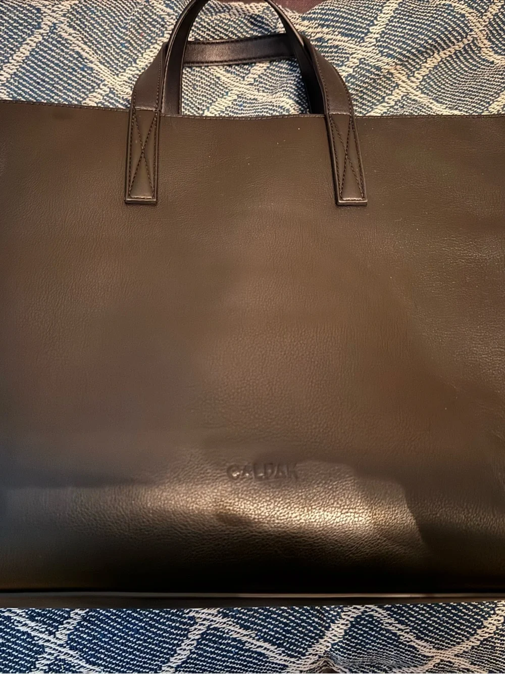 Calpak Black Leather Laptop Tote with Detachable Shoulder Strap